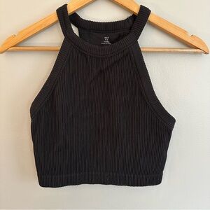 aerie Black Ribbed High-Neck Crop Tank
